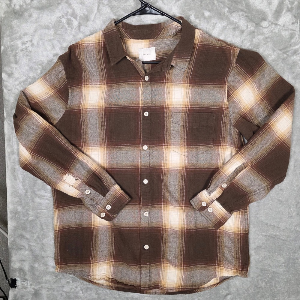 PacSun Men's Brown Plaid Flannel‎ Long Sleeve Button Up Shirt Large
